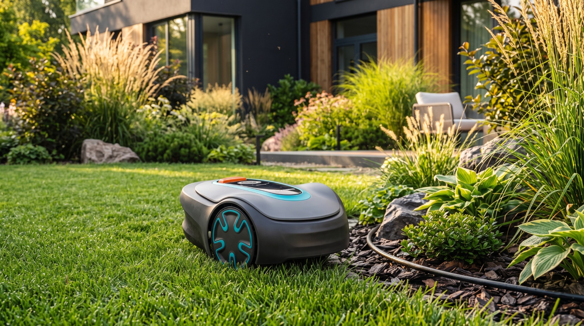 Robot koszący na zielonym trawniku obok rabat przy nowoczesnym domu